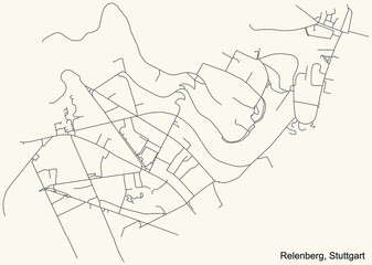 Black simple detailed street roads map on vintage beige background of the quarter Relenberg of district Nord of Stuttgart, Germany