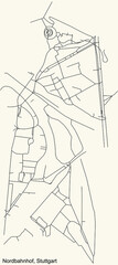 Black simple detailed street roads map on vintage beige background of the quarter Nordbahnhof of district Nord of Stuttgart, Germany