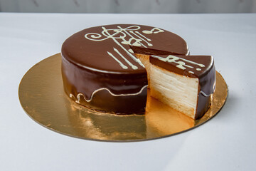 Round chocolate cake with musical notes on the top