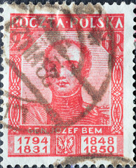 POLAND-CIRCA 1928 : A post stamp printed in Poland showing a portrait of General Jozef Bem - obrazy, fototapety, plakaty