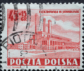 POLAND-CIRCA 1952 : A post stamp printed in Poland showing The Building of a New Electric Power Plant in Jaworzno