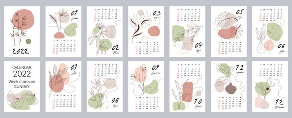 Calendar template for 2022. Vertical design with abstract floral patterns. Editable vector illustration, set of 12 months with cover. Week starts on Sunday