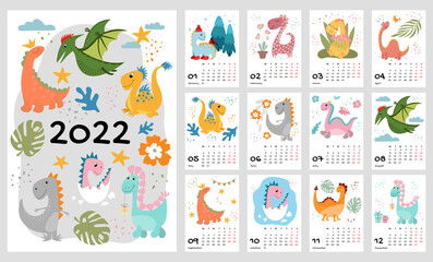 Children's calendar template for 2022. Bright vertical design with abstract dinosaurs in a flat style. Editable vector illustration, set of 12 months with cover. Week starts on Monday.