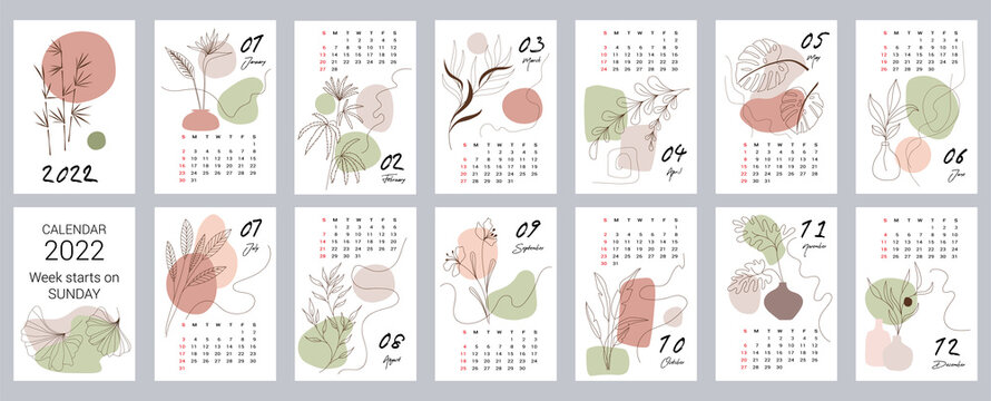 Calendar template for 2022. Vertical design with abstract floral patterns. Editable vector illustration, set of 12 months with cover. Week starts on Sunday