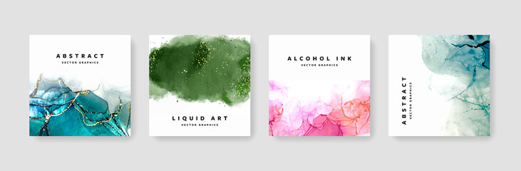 Abstract alcohol ink social media templates for instagram and facebook, watercolor texture layouts web banners, modern graphics for business