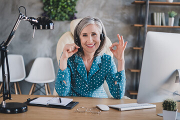 Photo of happy positive grey haired old woman show okay sign wear headset sit in office workstation...