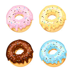 Set of colored donuts with sugar glaze and chocolate with multi-colored dusting. Vector illustration isolated on white background.