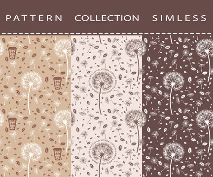 Set seamless pattern from coffee beans and dandelions. For wrapping paper, design and decoration. The image is isolated from the background.