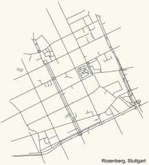 Black simple detailed street roads map on vintage beige background of the quarter Rosenberg of district West of Stuttgart, Germany