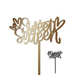 16th birthday cake topper with calligraphy words Sweet sixteen and hearts on a stick. Vector design for teenager girl party decoration. Calligraphy sign for laser cutting. 