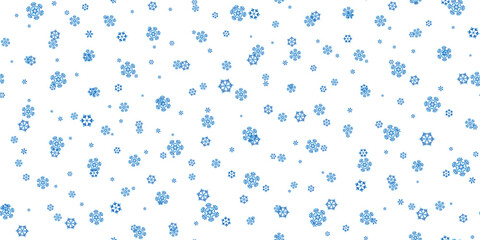 Winter seamless pattern with blue snowflakes on white background. Vector illustration for fabric, textile wallpaper, posters, gift wrapping paper. Christmas vector illustration. Falling snow