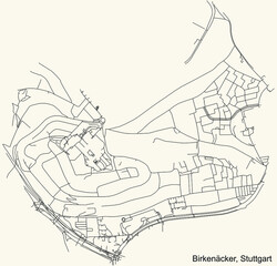 Black simple detailed street roads map on vintage beige background of the quarter Birkenäcker of district Bad Cannstatt of Stuttgart, Germany