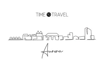 One single line drawing visit Aurora city skyline, Colorado. World beauty town landscape art. Best holiday destination postcard. Editable stroke trendy continuous line draw design vector illustration