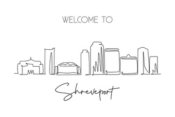 Fototapeta premium One single line drawing Shreveport city skyline, Louisiana. World historical town landscape. Best holiday destination postcard. Editable stroke trendy continuous line draw design vector illustration
