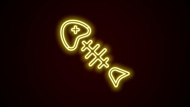 Glowing neon line Fish skeleton icon isolated on black background. Fish bone sign. 4K Video motion graphic animation