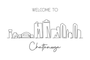 Fototapeta premium One single line drawing Chattanooga city skyline, Tennessee. World historical town landscape. Best holiday destination postcard. Editable stroke trendy continuous line draw design vector illustration
