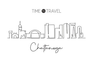 Fototapeta na wymiar One continuous line drawing Chattanooga city skyline, Tennessee. Beautiful landmark. World landscape tourism travel home wall decor poster print. Stylish single line draw design vector illustration