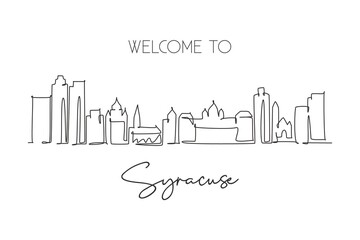 Single continuous line drawing Syracuse skyline, New York State. Famous city scraper landscape. World travel home wall decor art poster print concept. Modern one line draw design vector illustration - obrazy, fototapety, plakaty