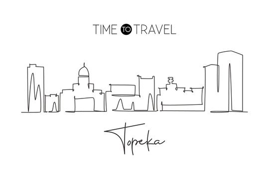 One single line drawing Topeka city skyline, Kansas. World historical town landscape. Best holiday destination postcard. Editable stroke trendy continuous line draw design graphic vector illustration