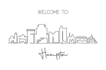Naklejka premium One single line drawing Hampton city skyline, Virginia. World historical town landscape. Best holiday destination postcard print. Editable stroke trendy continuous line draw design vector illustration
