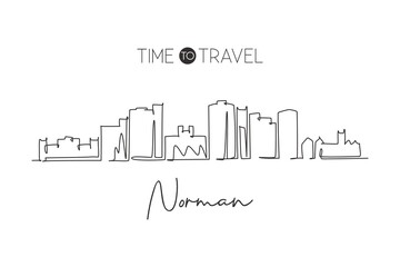 One single line drawing Norman city skyline, Oklahoma. World historical town landscape postcard print. Best holiday destination. Editable stroke trendy continuous line draw design vector illustration
