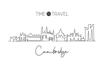 Obraz premium One continuous line drawing of Cambridge city skyline, England. Beautiful landmark. World landscape tourism travel home wall decor poster print. Stylish single line draw design vector illustration