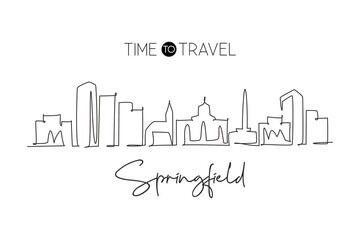 One single line drawing Springfield city skyline, Illinois. World historical town landscape. Best holiday destination postcard. Editable stroke trendy continuous line draw design vector illustration