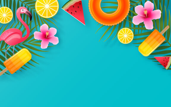 Summer time holiday vector design with beach,colorful tropical flowers heliconia rostrata,fruit,sea,nature,summer drink,under the sea,coral,flamingo,sun,sand,cocktail, paper cut style on background.