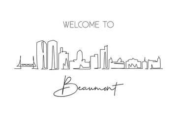 One continuous line drawing Beaumont city skyline, Texas. Beautiful landmark art sign. World landscape tourism travel home wall decor poster print. Stylish single line draw design vector illustration