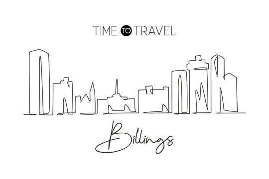 One Continuous Line Drawing Billings City Skyline, Montana. Beautiful Landmark Art. World Landscape Tourism Travel Home Wall Decor Poster Print. Stylish Single Line Draw Design Vector Illustration