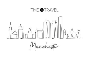 Single continuous line drawing Manchester skyline, New Hampshire. Famous city scraper landscape. World travel home wall decor art poster print concept. Modern one line draw design vector illustration