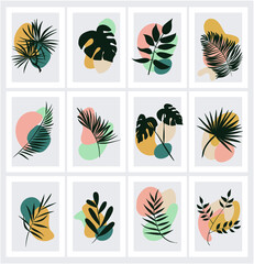 Fototapeta na wymiar a bright poster with leaves and colored geometric objects. vector illustration