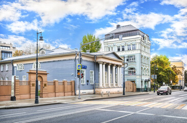 Wooden building of the Turgenev Museum on Ostozhenka Street in Moscow. Inscription: House-Museum of Turgenev