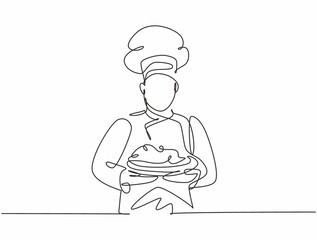 Continuous one line drawing of young handsome man chef in uniform serving main dish to customer at hotel restaurant. Healthy organic food concept single line draw graphic design vector illustration