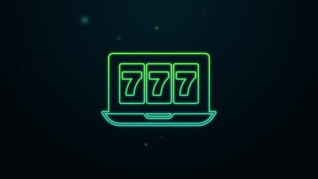 Glowing neon line Online slot machine with lucky sevens jackpot icon isolated on black background. Online casino. 4K Video motion graphic animation