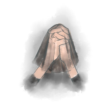 Illustration in a watercolor style. Hands under a black veil.