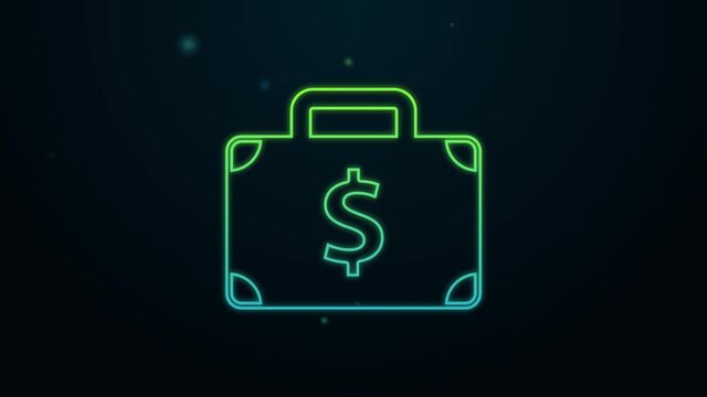 Glowing neon line Briefcase and money icon isolated on black background. Business case sign. Business portfolio. 4K Video motion graphic animation