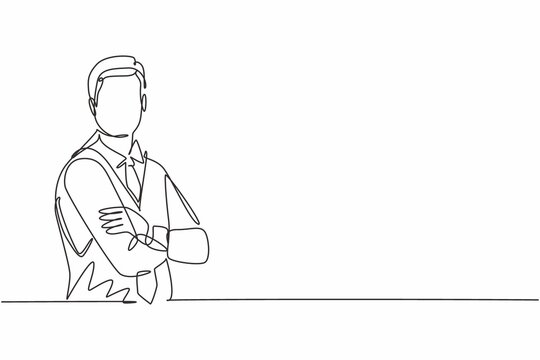 Continuous one line drawing of young handsome male flight attendant posing cross arm on chest. Professional job profession minimalist concept. Single line draw design vector graphic illustration