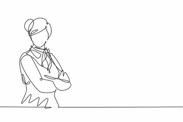 Single continuous line drawing of young female stewardess wearing uniform and pose crossed arms. Professional work job occupation. Minimalism concept one line draw graphic design vector illustration