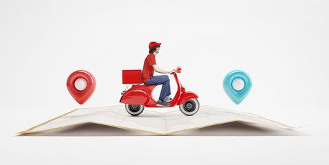 Delivery man with red uniform driving scooter on paper map with red and blue location pin.
