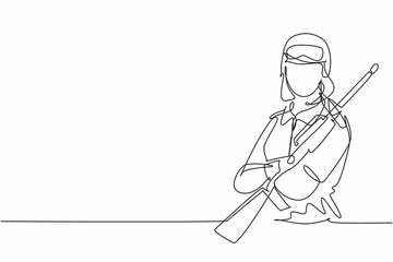 Continuous one line drawing of young female soldier carrying weapon pose cross arms on chest. Professional job profession minimalist concept. Single line draw design vector graphic illustration