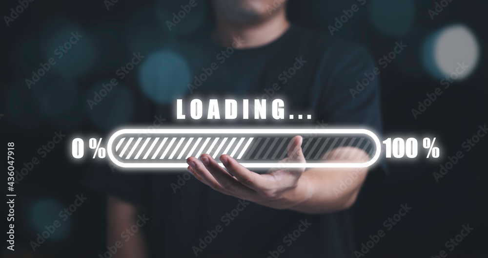 Poster man holding virtual loading on hand ,technology and business progress concept.