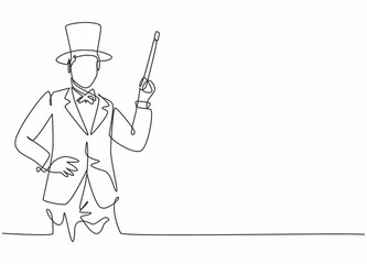 Single one line drawing of young male magician expert holding magic wand on hand. Professional work profession and occupation minimal concept. Continuous line draw design graphic vector illustration - obrazy, fototapety, plakaty
