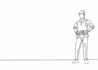 Continuous one line drawing of young handsome handyman pose standing before go to work. Professional job profession minimalist concept. Single line draw design vector graphic illustration