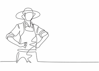 Single one line drawing of young male farmer wearing farming cloth with straw hat. Professional work profession and occupation minimal concept. Continuous line draw design graphic vector illustration