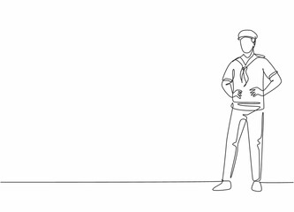 Single continuous line drawing of young handsome sailor man pose standing on cruise ship. Professional work job occupation. Minimalism concept one line draw graphic design vector illustration