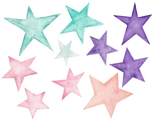 Set of multicolored cartoon watercolor stars, elements are isolated on a white background, illustration for the decor of children's products, fabrics, wallpaper, etc.