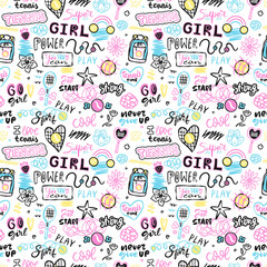 Seamless cool pattern for baby textiles. Girly tennis background with rackets, backpack, doodles, flowers, tennis ball, lettering. Motivation slogan, sport phrases for t-shirt design, cover.