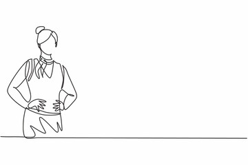 Single one line drawing of young beauty female stewardess posing with hands on hip. Professional work profession and occupation minimal concept. Continuous line draw design graphic vector illustration