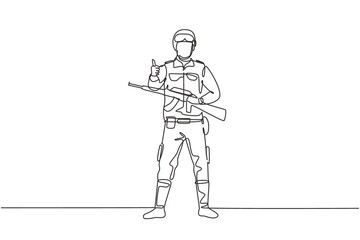 Continuous one line drawing Soldiers stand with weapons, full uniforms, and thumbs-up gestures serving the country with strength of military forces. Single line draw design vector graphic illustration